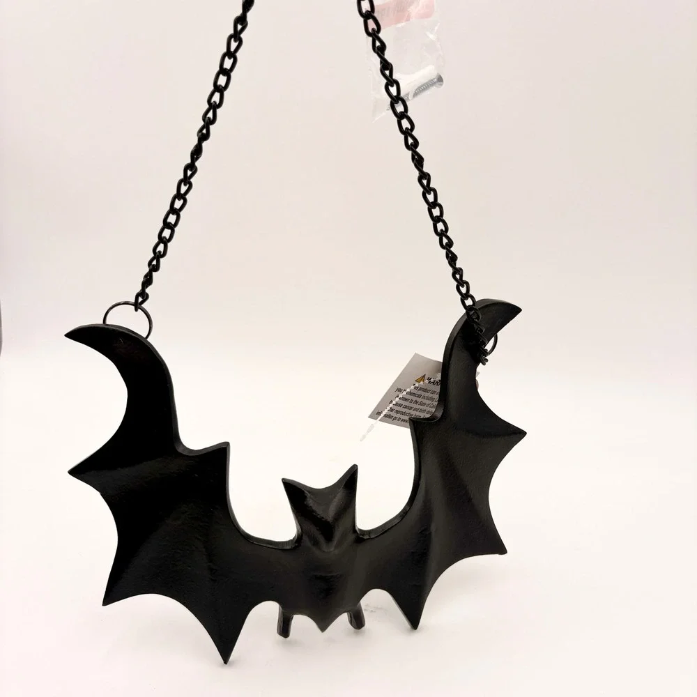 Black Cast Iron Bat Wall Hanging Gothic Halloween Decor with Chain New